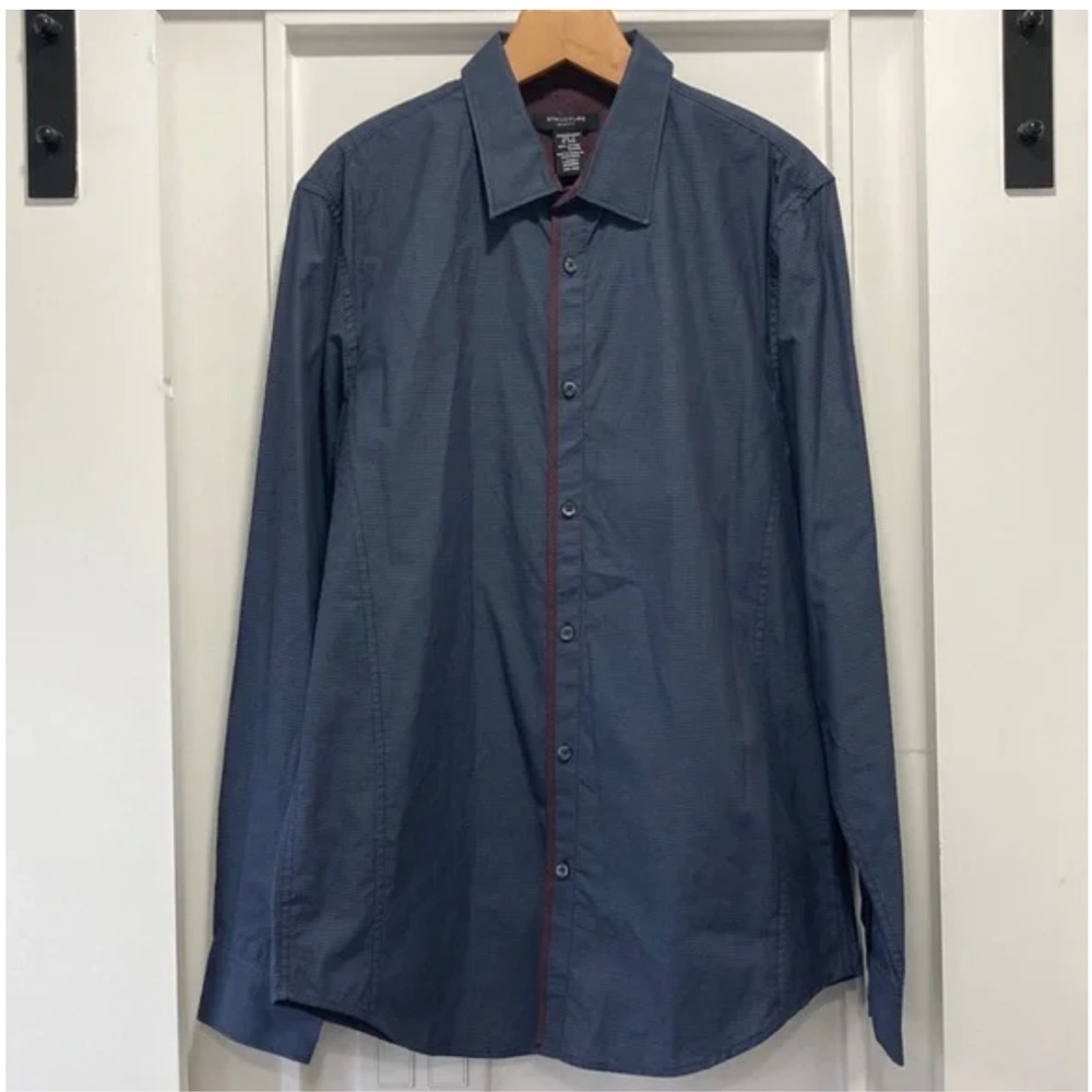 STRUCTURE Men’s Slim Fit Button Down Dress Shirt Navy Blue Check Size Large